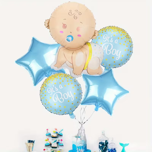 Ward and Haneen Baby Shower Balloon Set with five blue helium foil balloons reading "It’s a Boy" for celebrating a gender reveal.