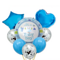 Nine colorful helium balloons in blue, white, and silver with baby boy themes from Ward and Haneen's baby boy balloon set.