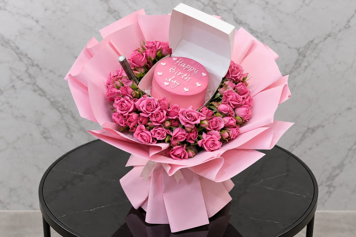 Pink Elegant Cake & Flower Set