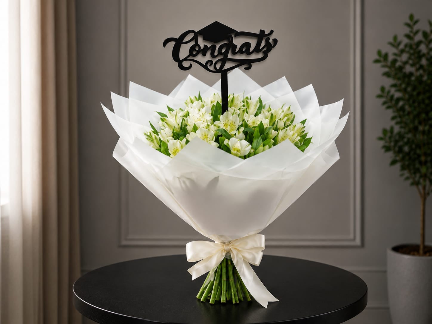 White Alstroemeria graduation bouquet by Ward and Haneen featuring fresh white flowers arranged in a stylish bouquet.