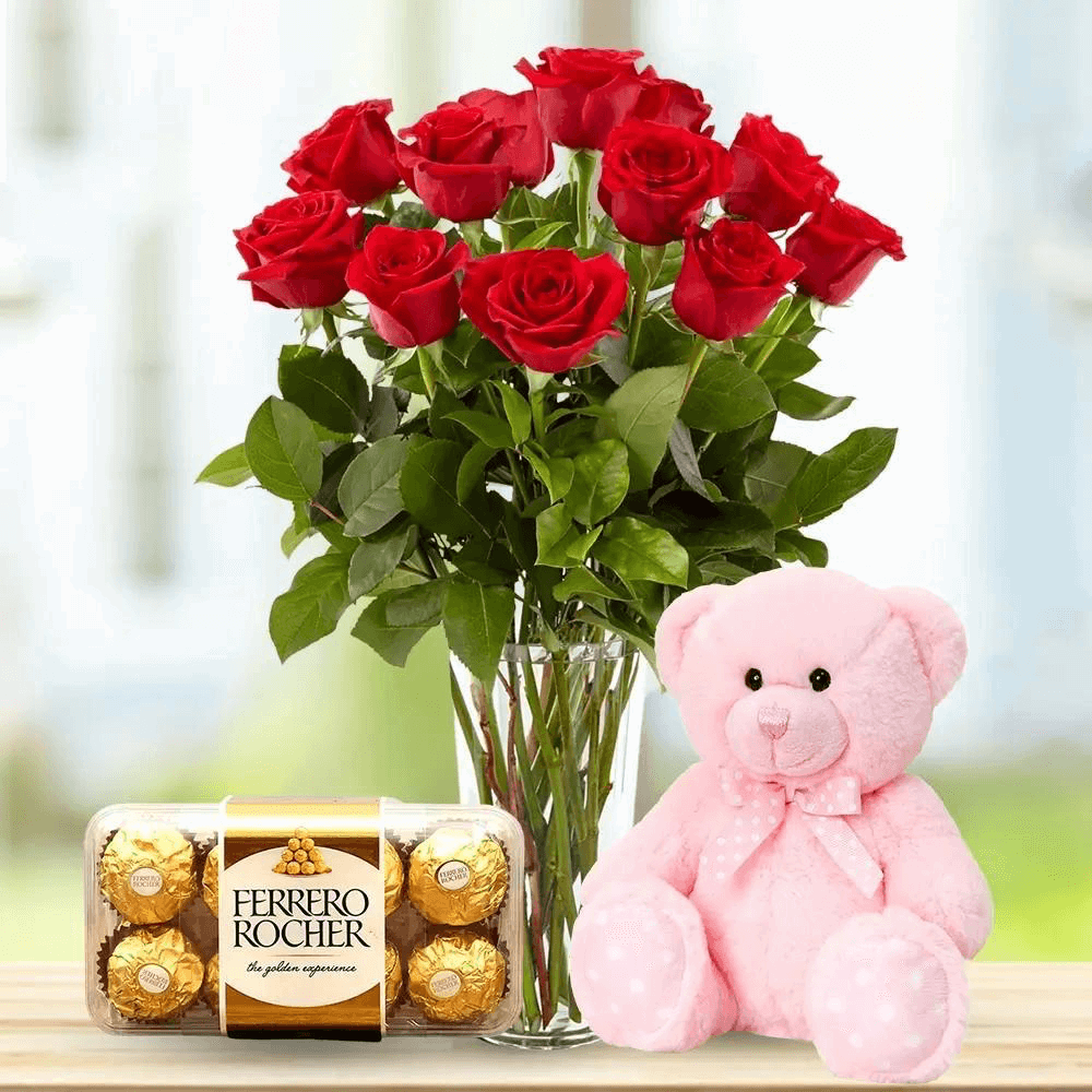 12 Red Roses with  clear glass vase