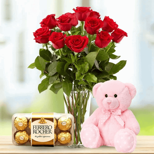 12 Red Roses with  clear glass vase