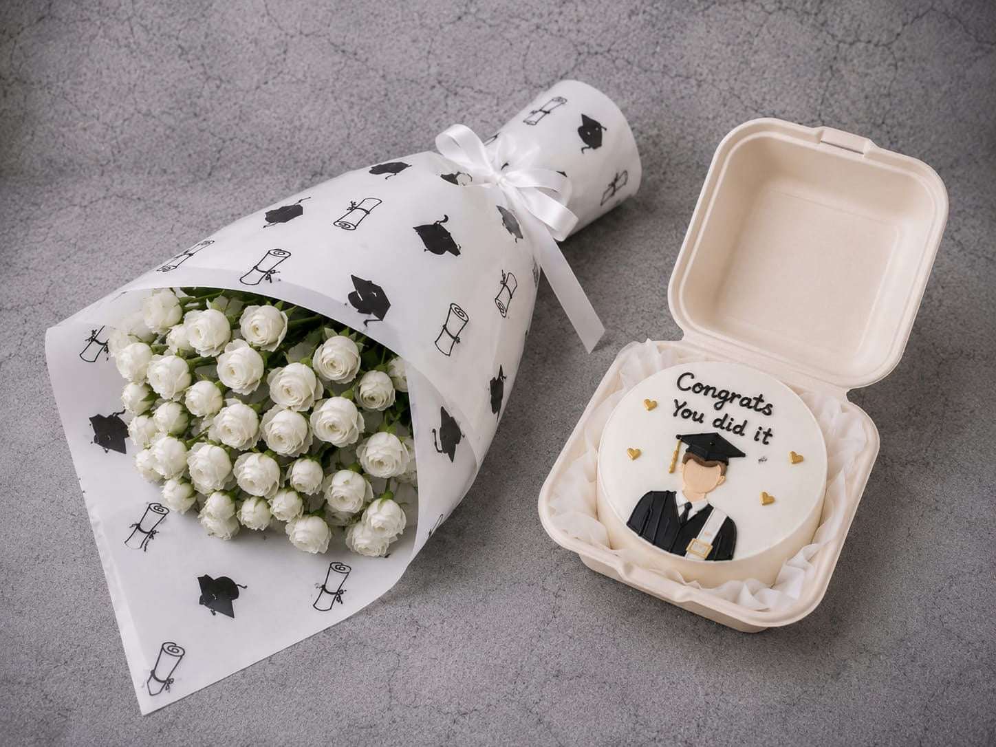 Graduation Gift Set – White Roses & Bento Cake - Ward and Haneen - Buy Flower in hawally, Kuwait