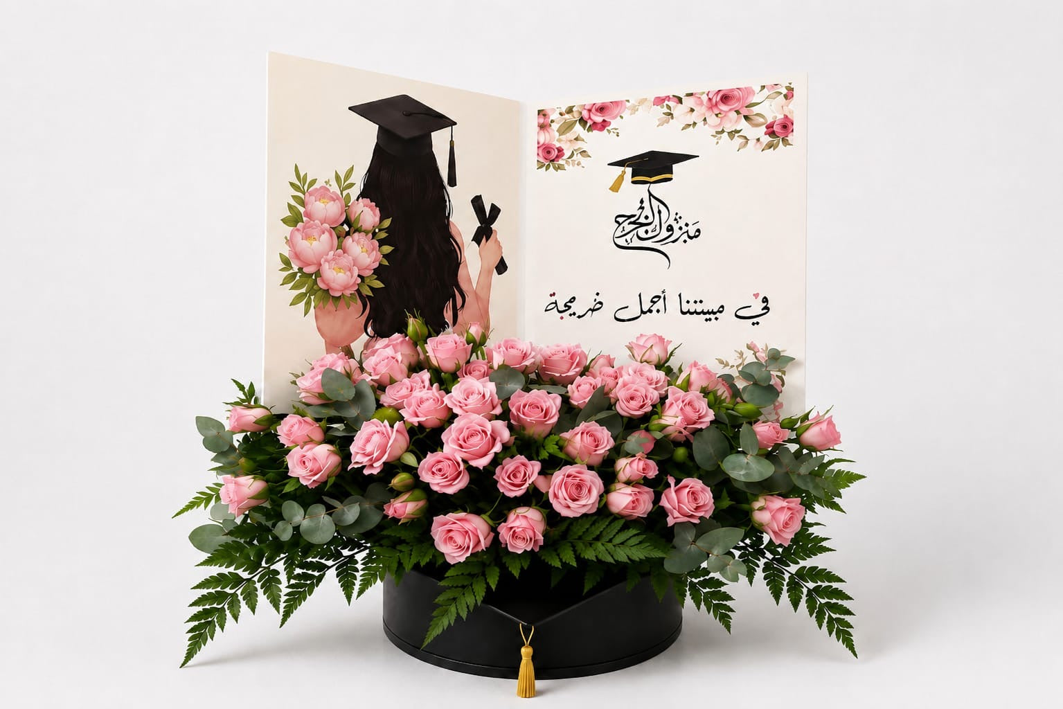 Luxury graduation flower box by Ward and Haneen with vibrant blooms in a stylish box, perfect for celebrating academic achievement.