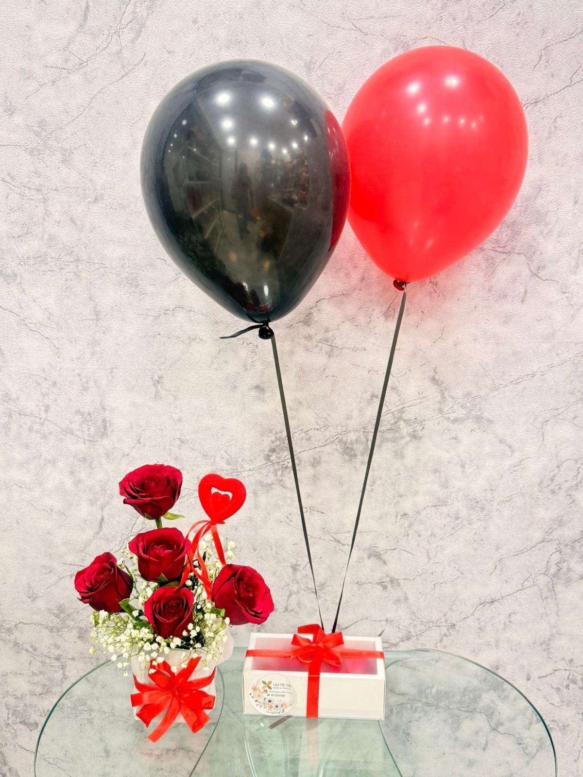 Mini Bouquet & Chocolate Box with Helium Balloons - Ward and Haneen - Buy Flower in hawally, Kuwait