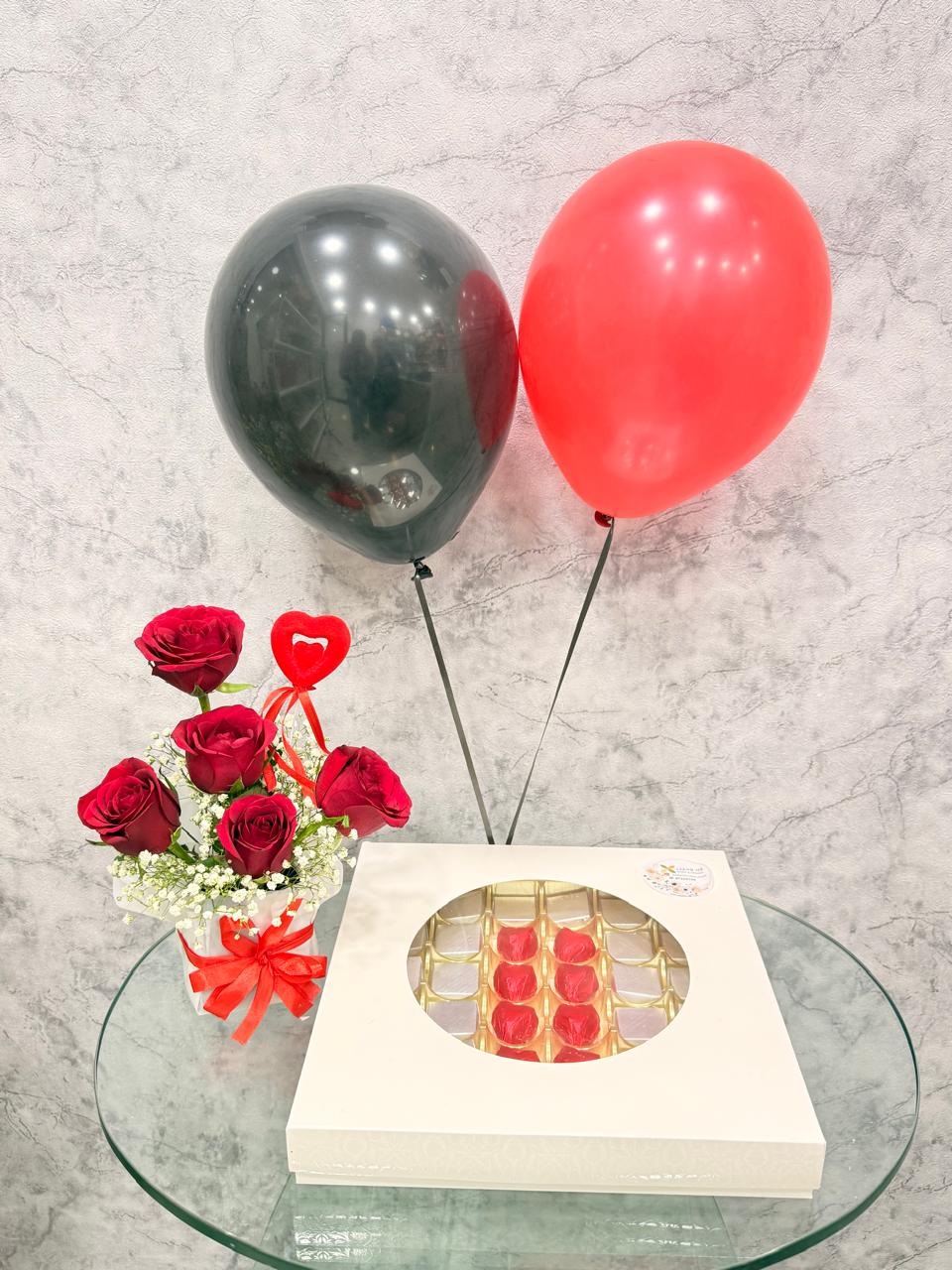 Mini Bouquet & Chocolate Box with Helium Balloons