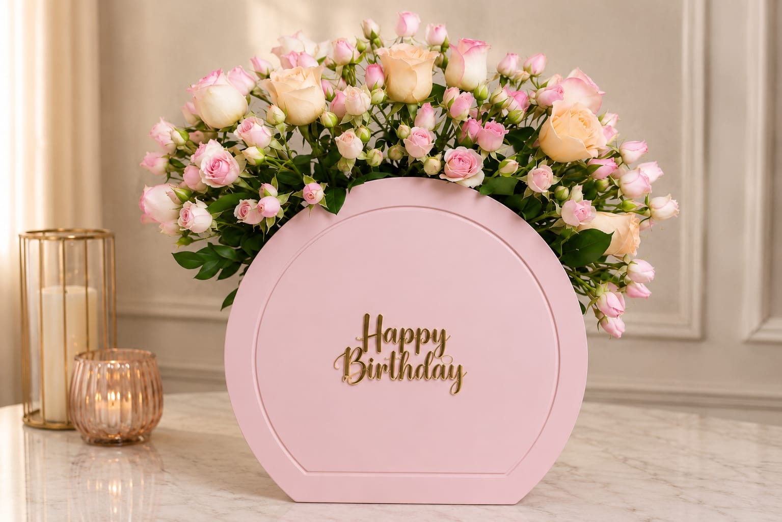 Pink rose birthday flower box from Ward and Haneen with fresh roses arranged in a decorative gift box.