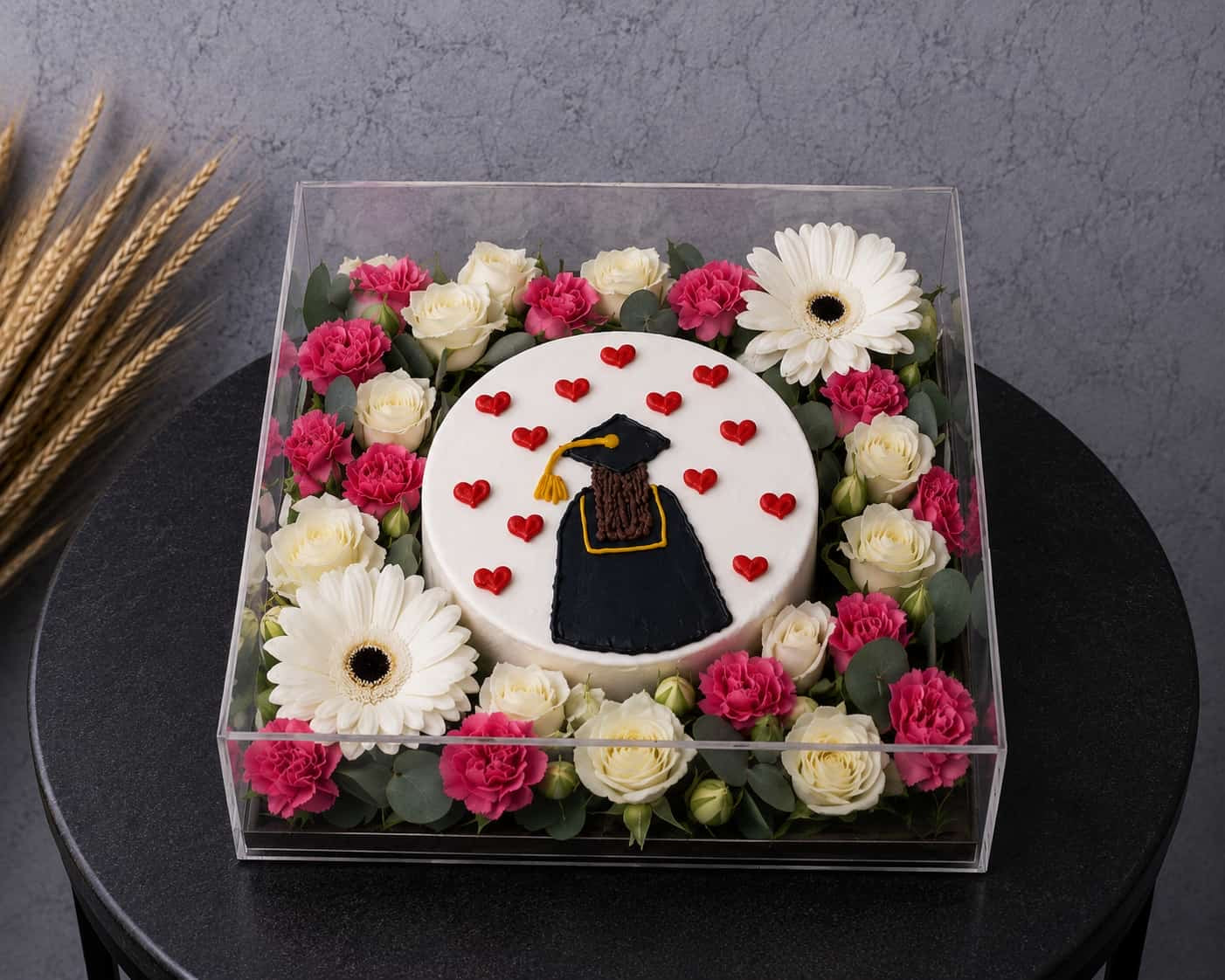 Luxury graduation cake with floral box by Ward and Haneen, decorated with elegant flowers and intricate cake design.
