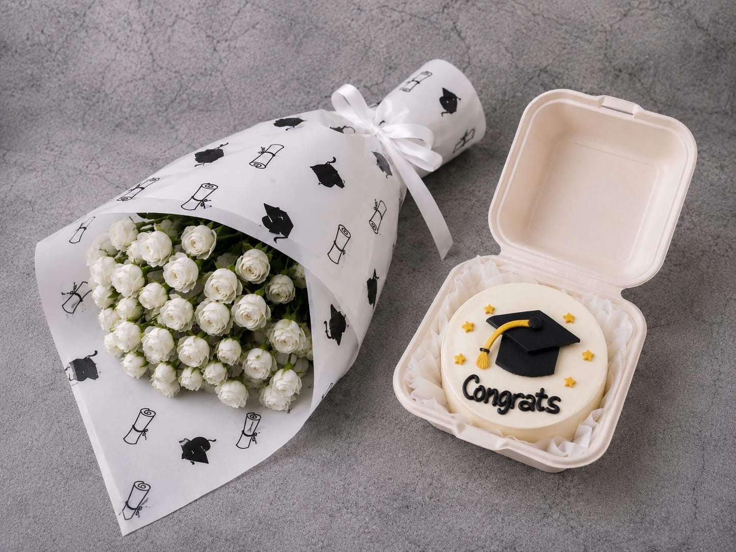 Graduation Gift Set – White Roses & Bento Cake - Ward and Haneen - Buy Flower in hawally, Kuwait
