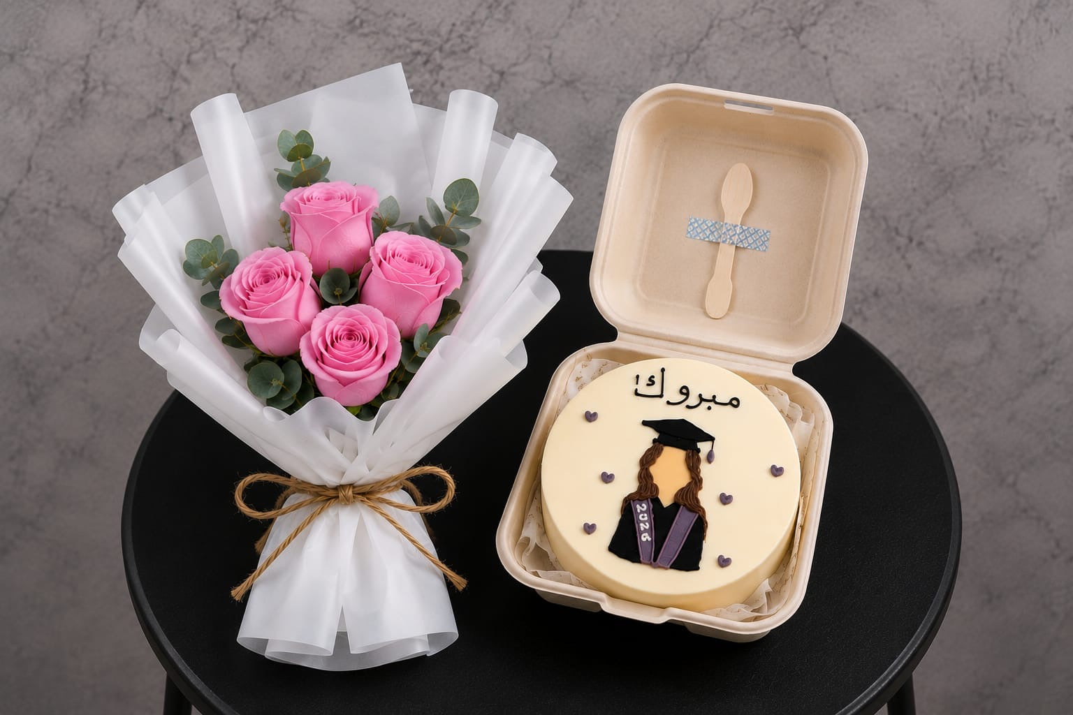 Pink roses and graduation cake set by Ward and Haneen featuring vibrant floral decorations and a celebratory cake.
