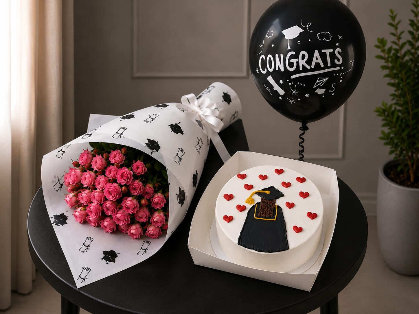 Graduation gift combo with pink roses, bento cake, and balloon from Ward and Haneen, arranged for celebration.