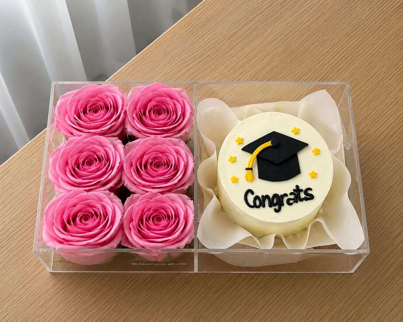Graduation Acrylic Gift Box – Pink Roses & Bento Cake - Ward and Haneen - Buy Flower in hawally, Kuwait