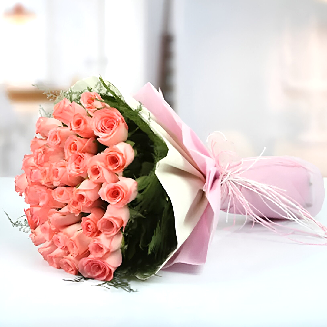 Blush Peach Rose Symphony Bouquet – 40 Pieces