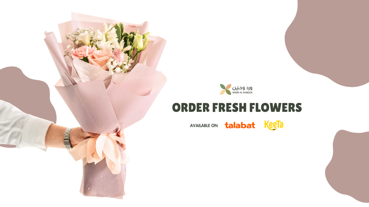 Bouquet of flowers being held with 'Order Fresh Flowers' text and logos on a white background