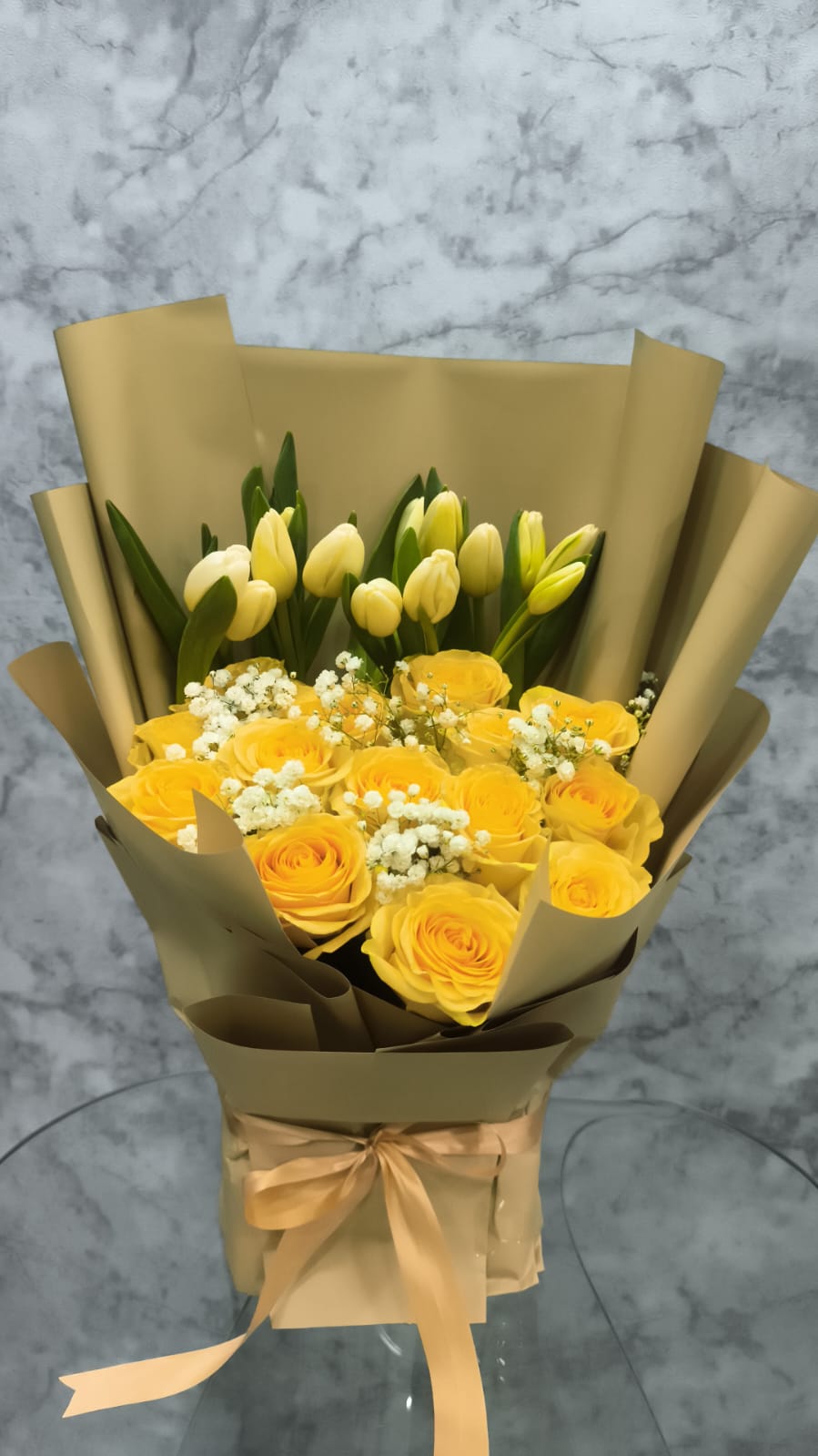 Golden Sunshine Roses & Tulips Bouquet