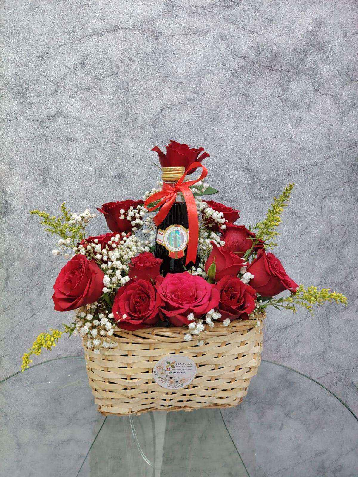 Red Roses Gift Basket with Drink